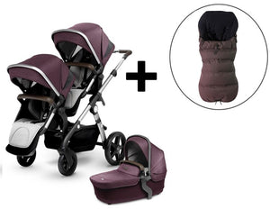 2018 Silver Cross Wave Double Stroller and Two Premium Footmuffs - Claret