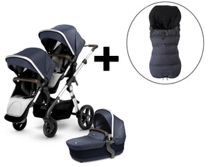 2018 Silver Cross Wave Double Stroller and Two Premium Footmuffs - Midnight Blue