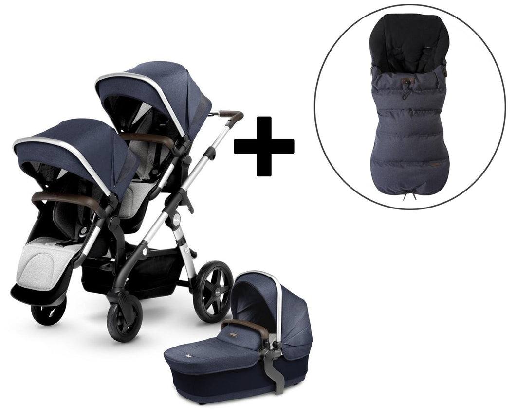 2018 Silver Cross Wave Double Stroller and Two Premium Footmuffs - Midnight Blue