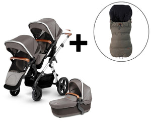 2018 Silver Cross Wave Double Stroller and Two Premium Footmuffs - Sable